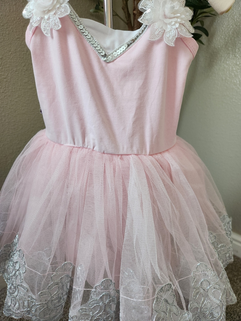 Pink Tulle Flower Detail Tutu with Silver Trim